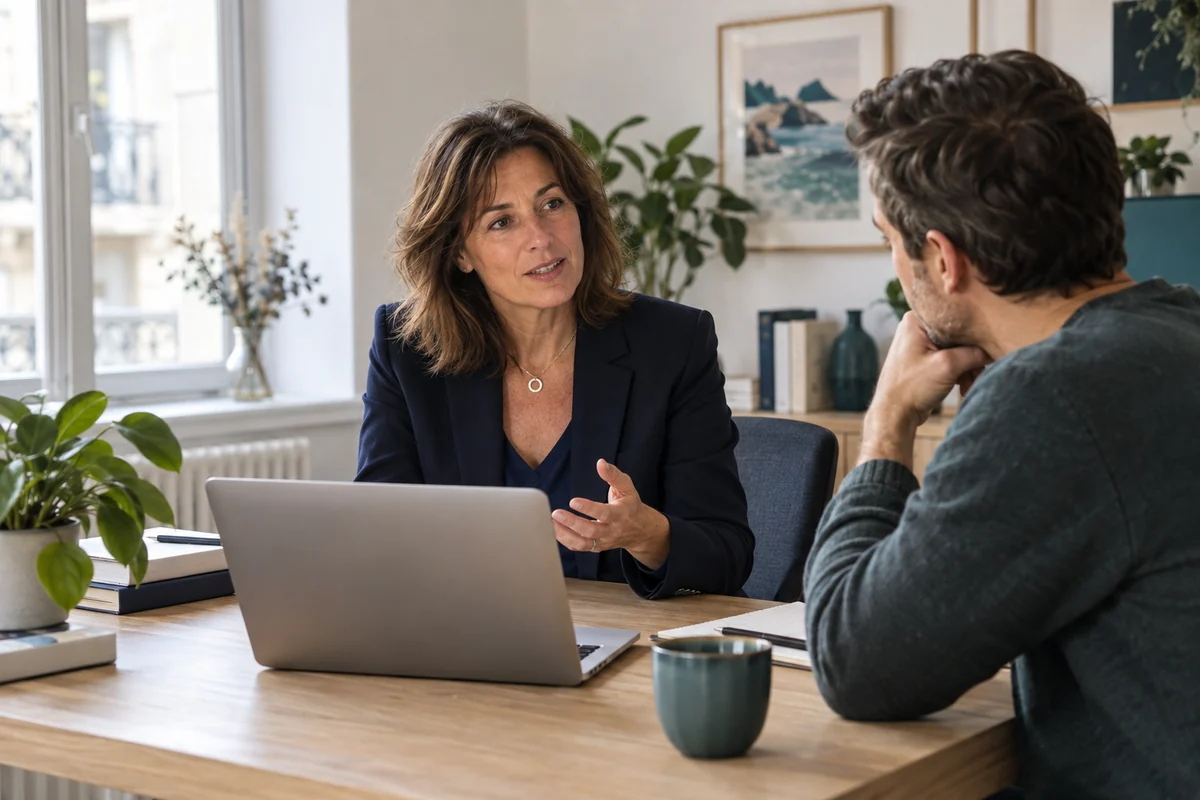Scène illustrative : une consultante échange avec un client