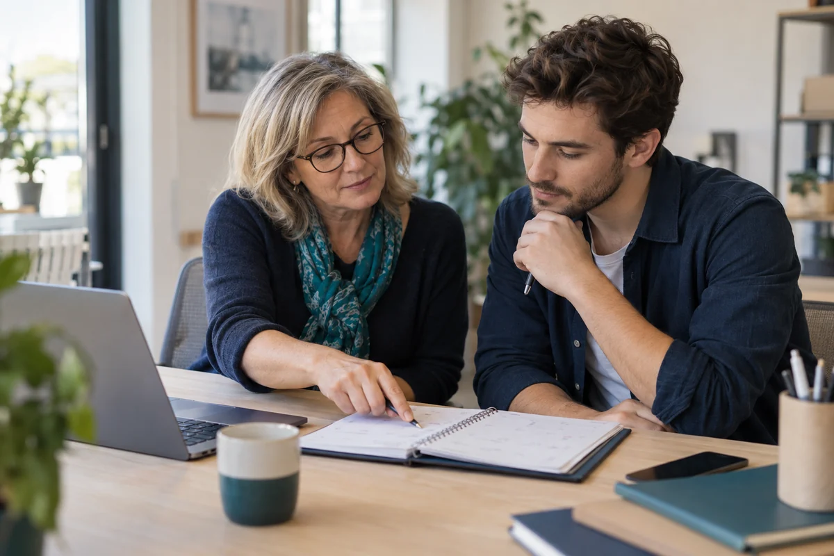 Scène illustrative : deux professionnels échangent dans leur bureau